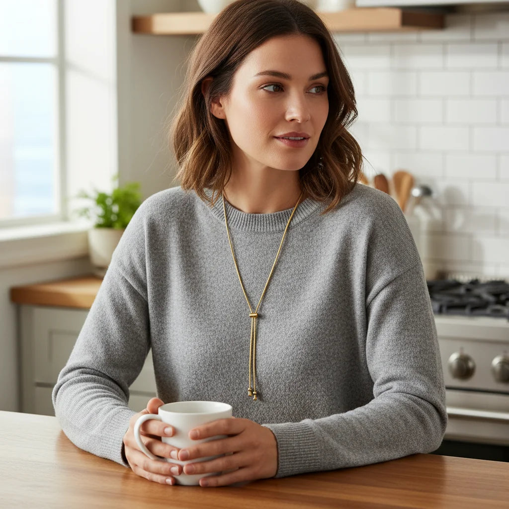 Woman holding a mug in a kitchen setting