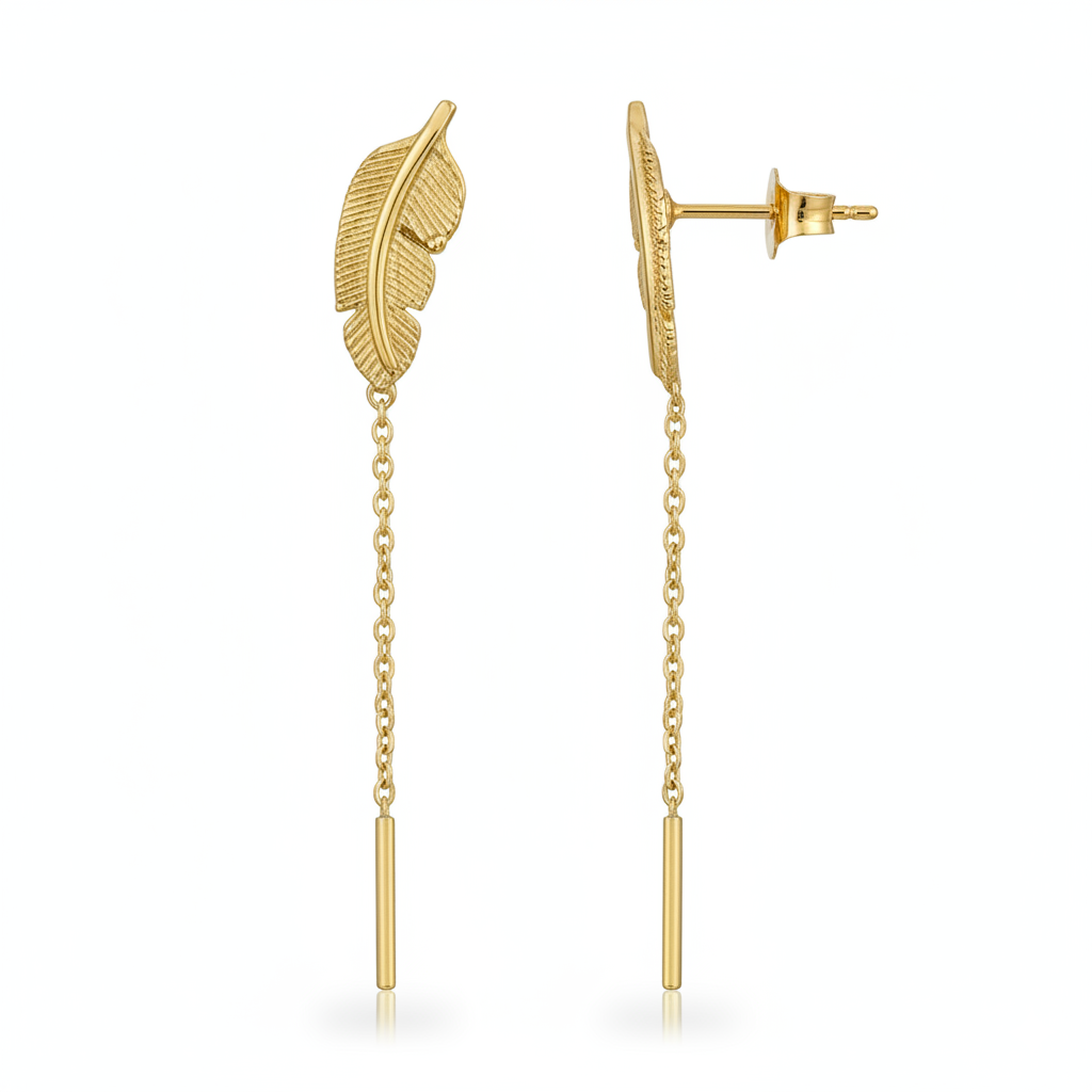 Gold feather-shaped earrings with chain drops on a white background