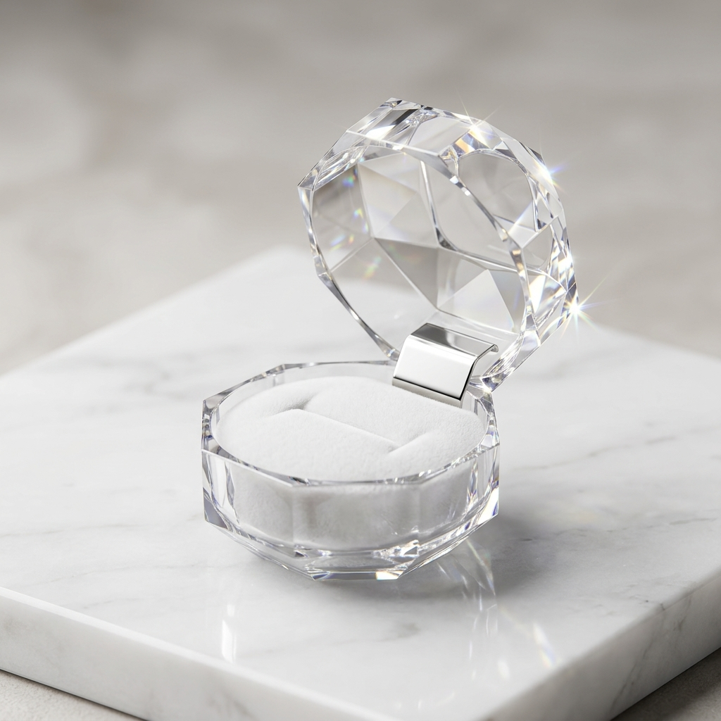 Free crystal-style ring case with white velvet insert on marble, included with every ring order