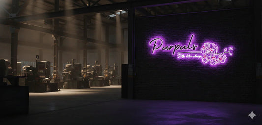 Industrial factory interior with Purpuls silk shop neon sign and orchid graphic on brick wall.