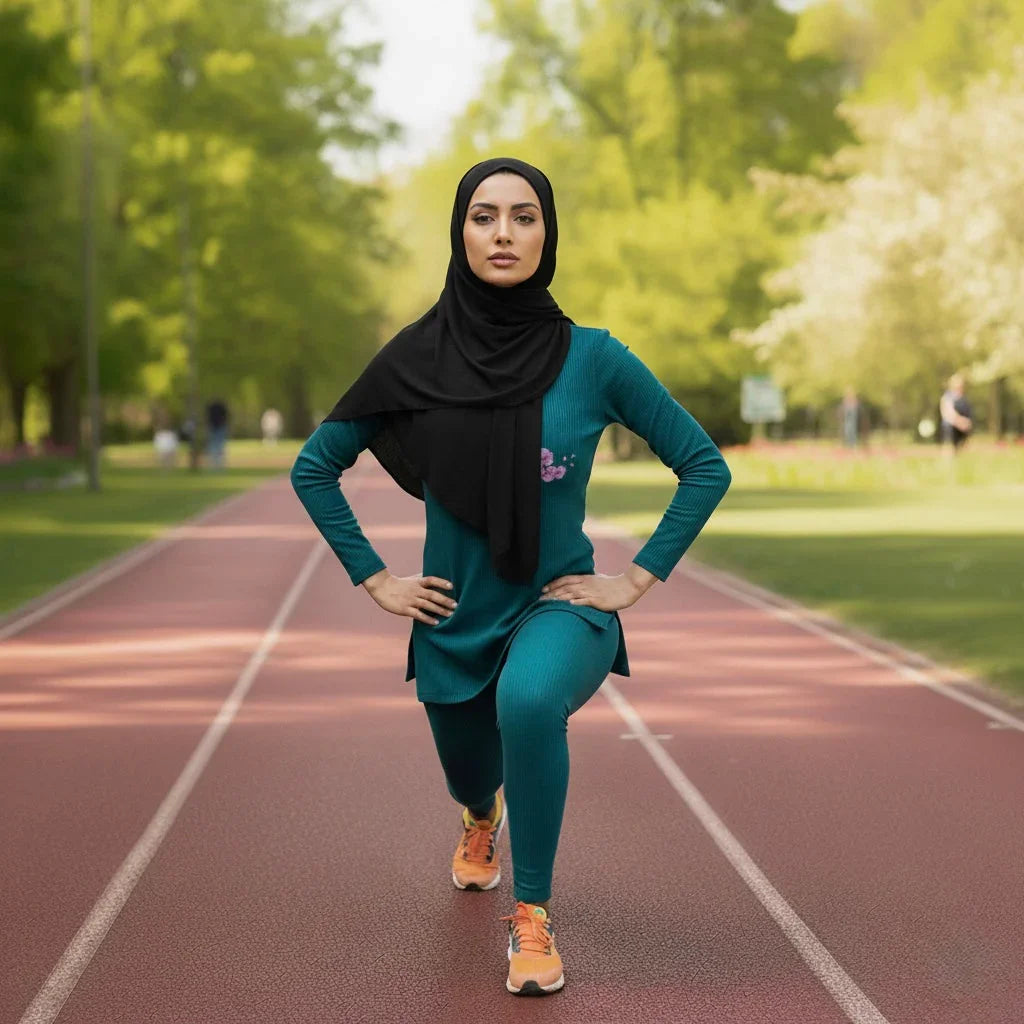 Muslim woman in hijab doing lunge exercise on outdoor running track, athletic wear, green trees
