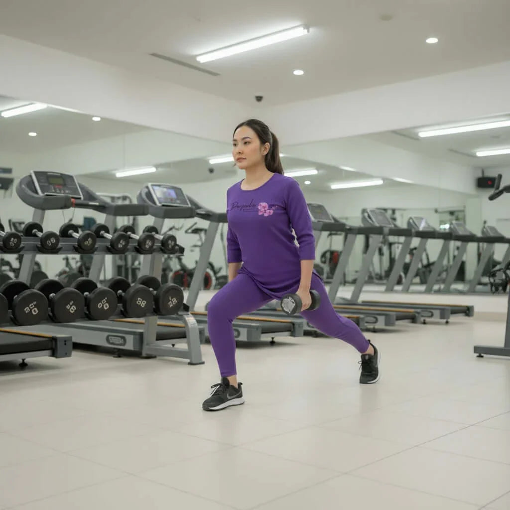 Woman in purple activewear doing lunges with dumbbells in modern gym with treadmills