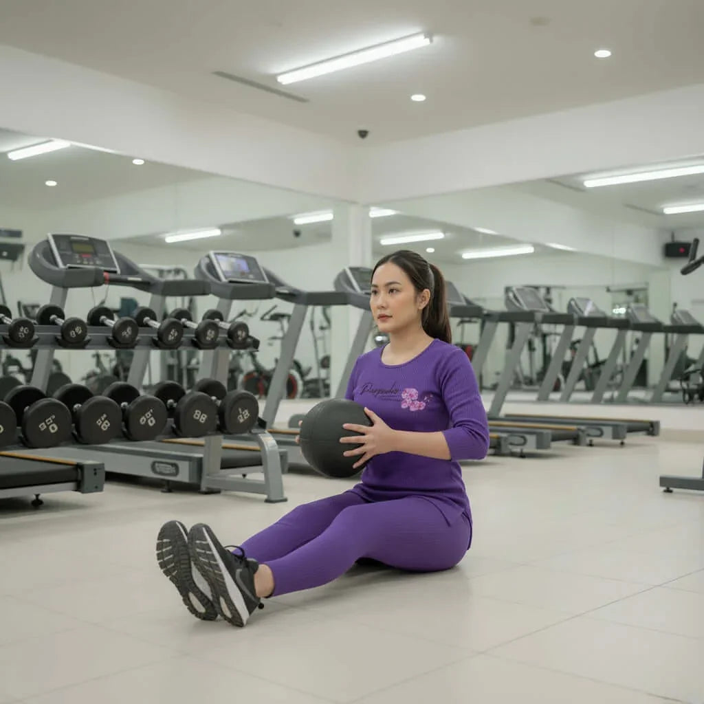 Woman in purple activewear doing medicine ball exercise in modern gym