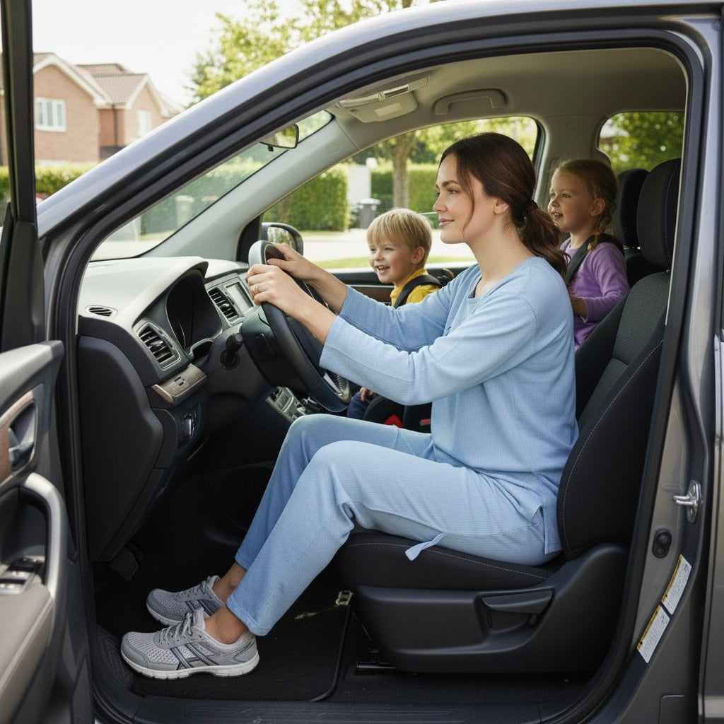Woman driving a car with two children in the back seat, in a residential area.