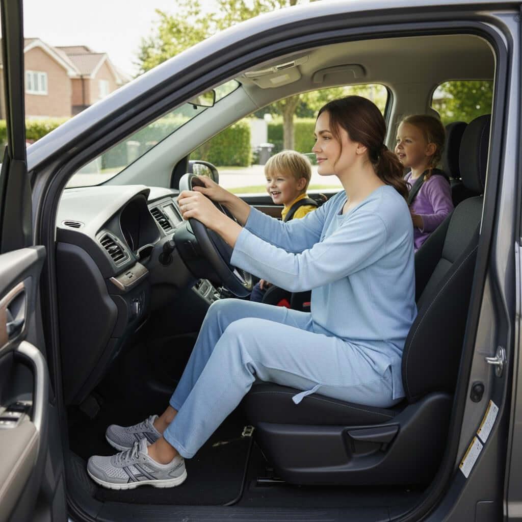 Woman in blue loungewear driving car with two happy children in the back seat, daytime