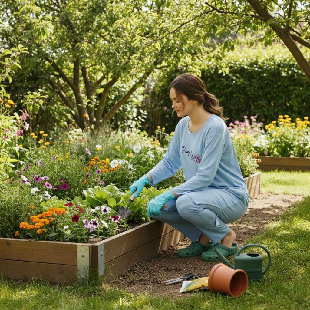 Woman gardening in raised flower bed wearing blue loungewear and green gloves