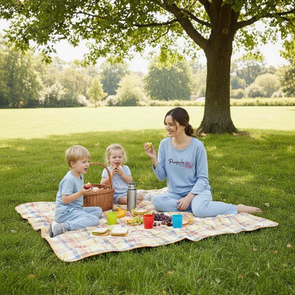 Family picnic in park on blanket, mom and two kids in blue loungewear with picnic basket