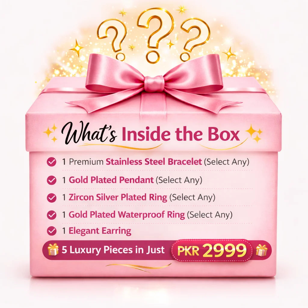 Pink gift box with a bow, featuring jewelry items and promotional text on a white background.
