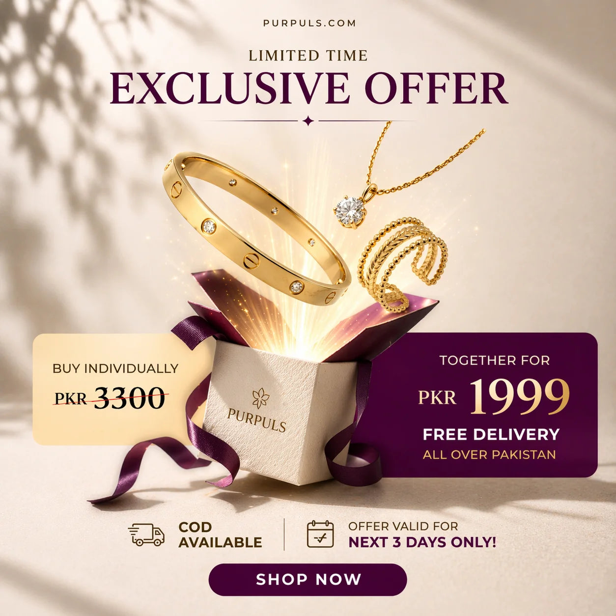 Jewelry set with gold bracelet, ring, and necklace in an open box, promotional offer on a beige background.