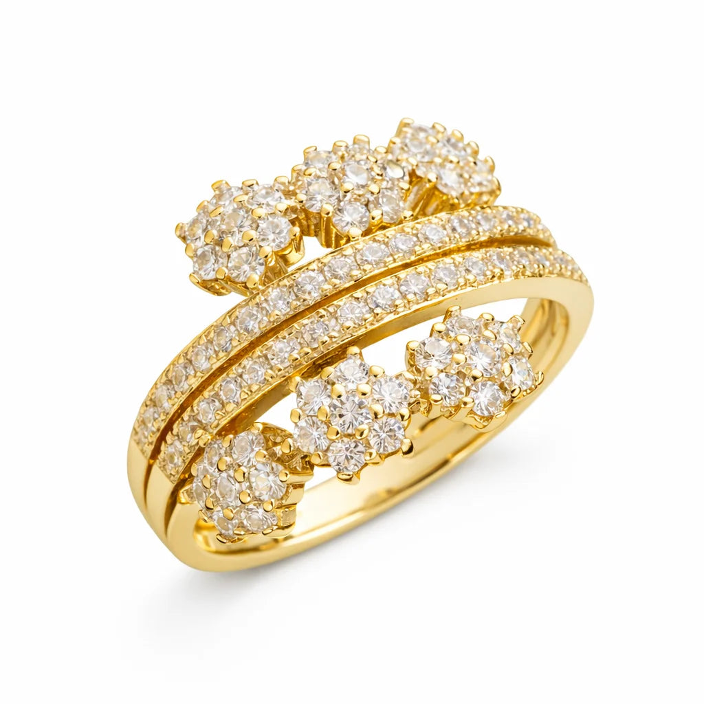 Gold ring with diamond accents on a white background