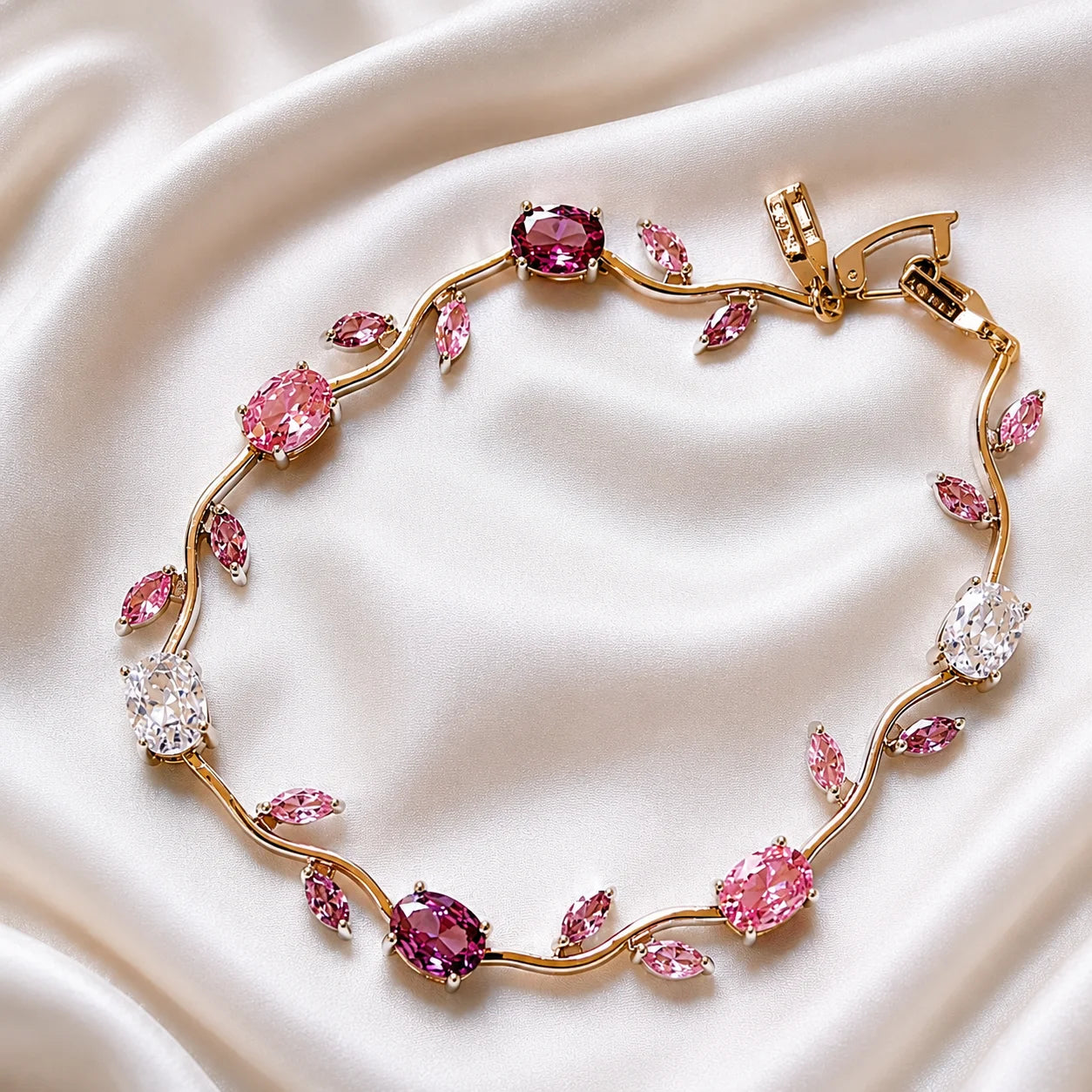Gold bracelet with pink gemstones on a white fabric background