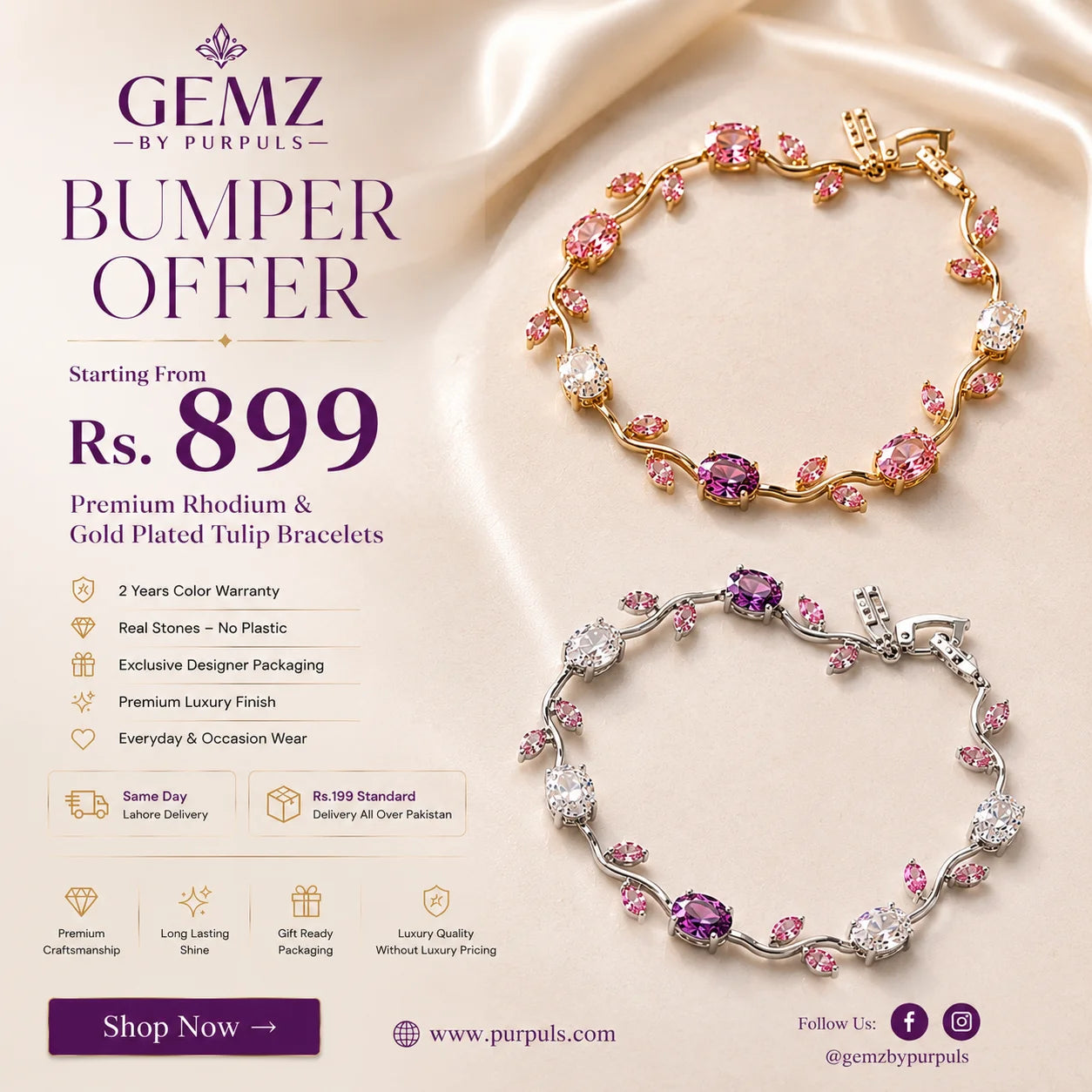 Advertisement for Gemz by Purpuls bracelet with pricing and features on a beige background