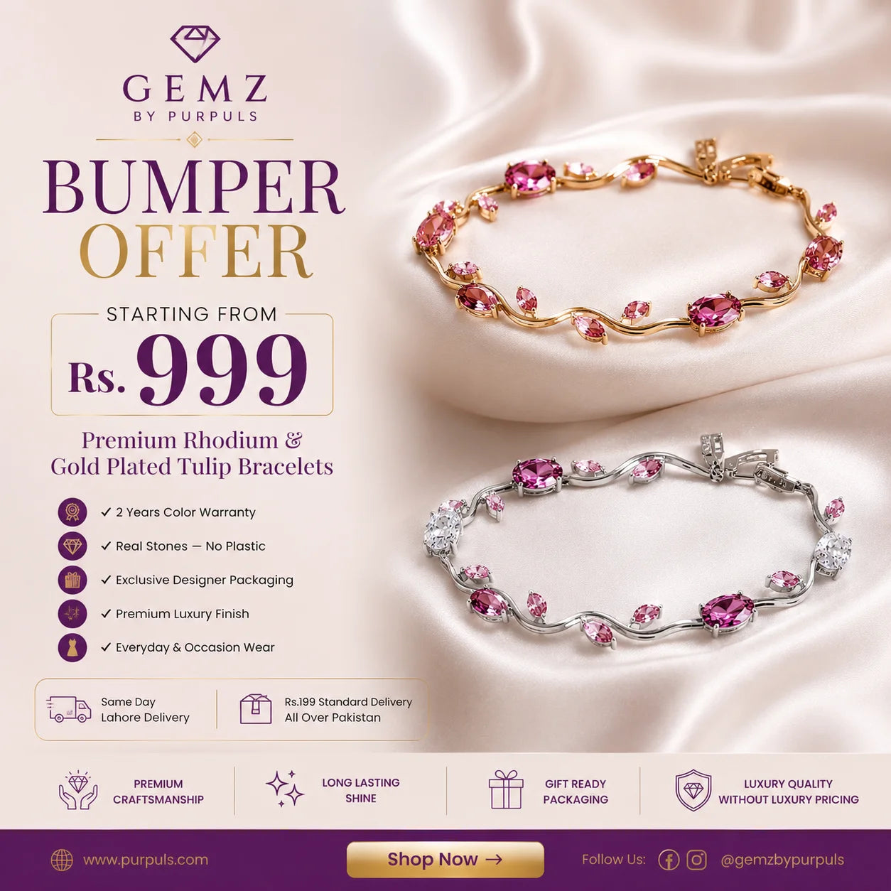 Advertisement for Gemz by Purpuls bracelet with promotional text and product images.