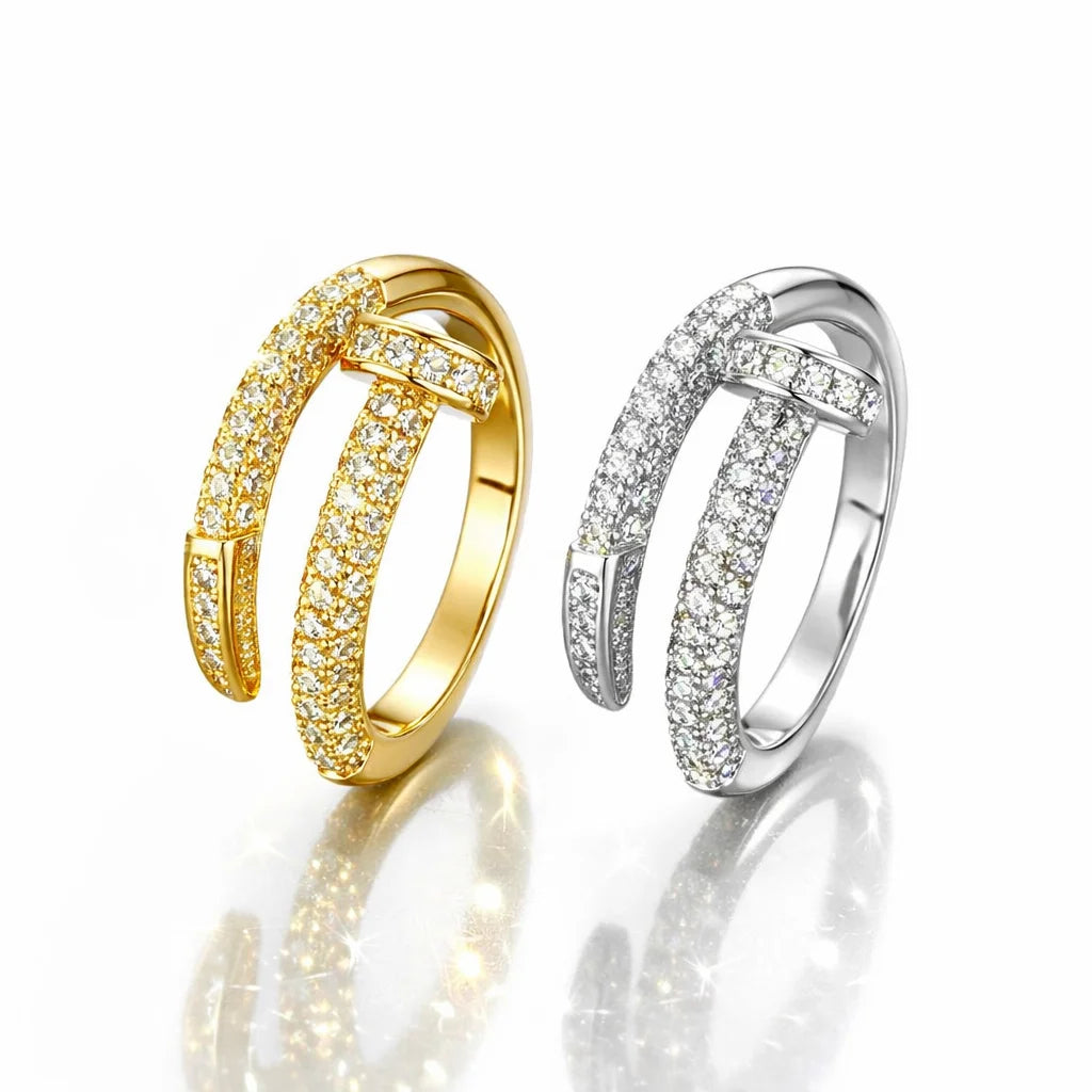 Gold and silver rings with diamond accents on a white background