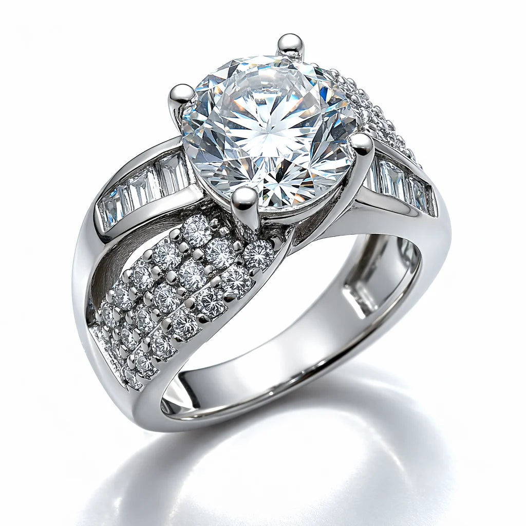 Diamond ring with a large central gemstone and smaller diamonds on a white background