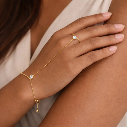 Gold bracelet and ring with gemstones on a person's wrist and hand.