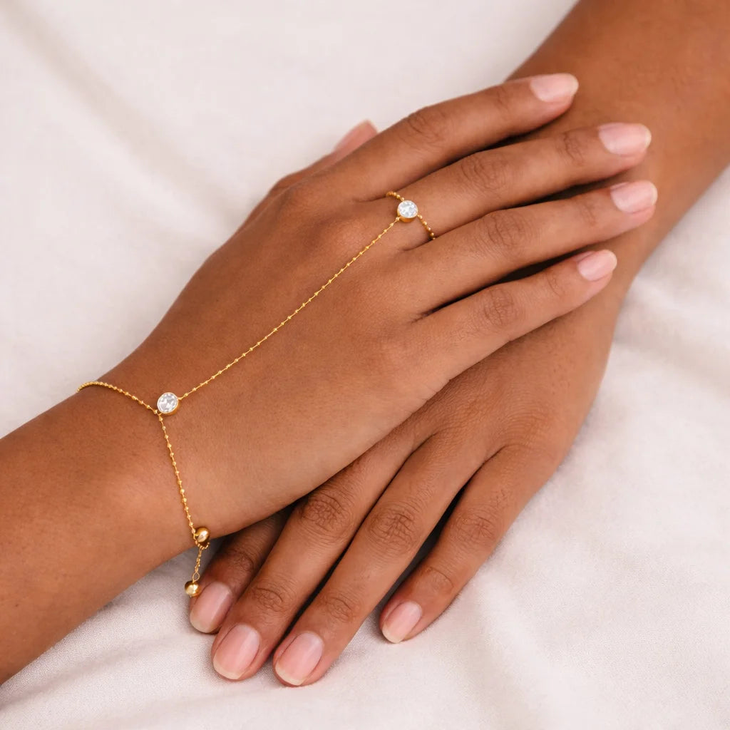 Gold bracelet and ring on a hand against a white background