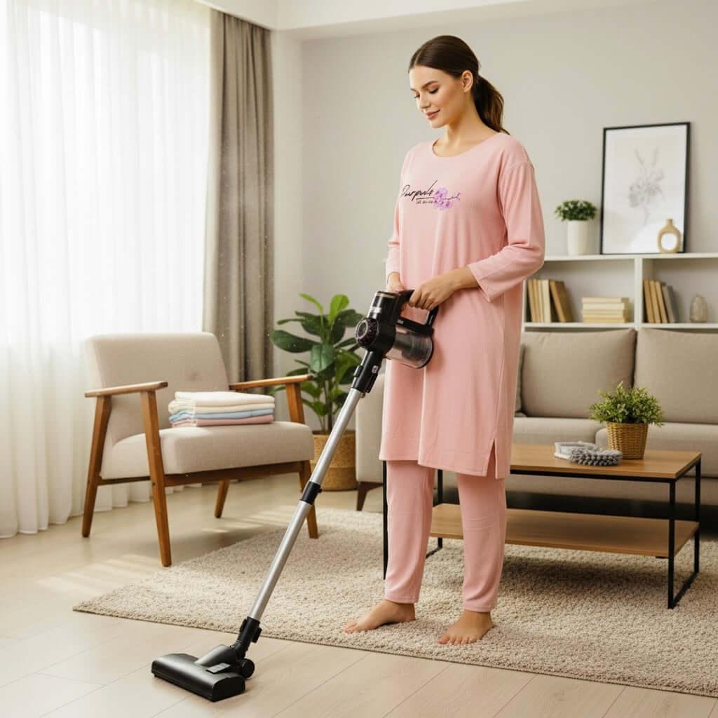 Woman in pink pajamas vacuuming living room with modern cordless vacuum cleaner