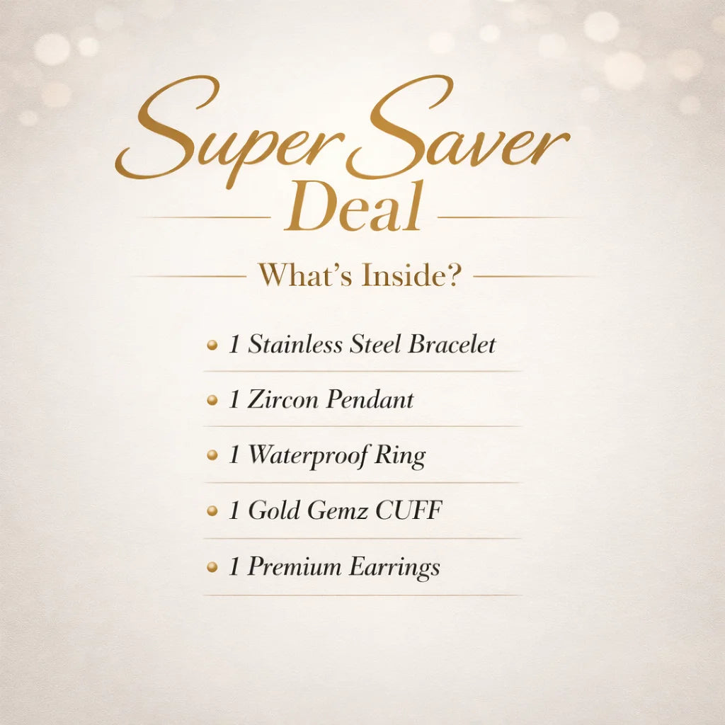 Super Saver Deal promotional text with jewelry items listed on a light background