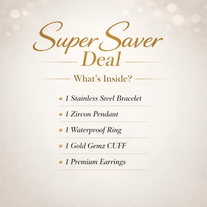 Super Saver Deal promotional text with jewelry items listed on a light background