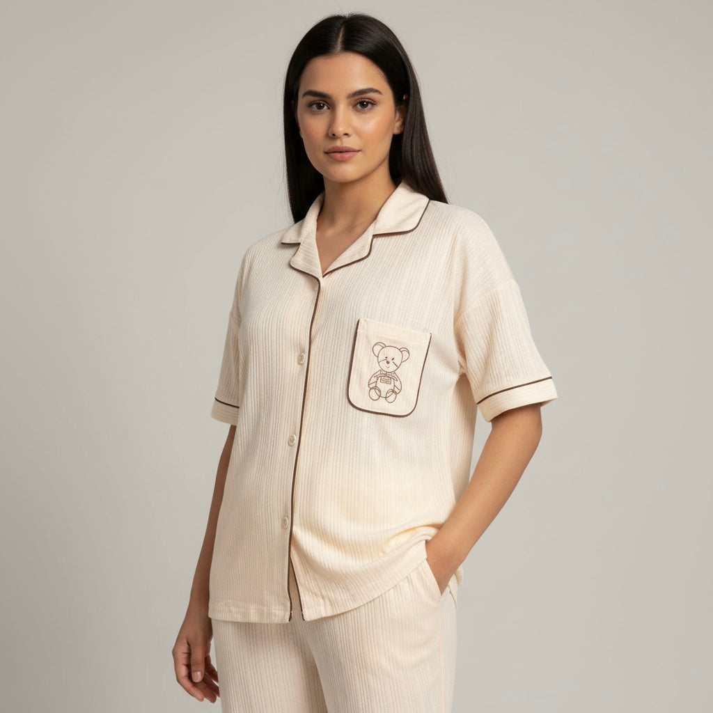 Purpuls - Premium Beige Pajama Set | Soft Fabric Nightwear for Ladies