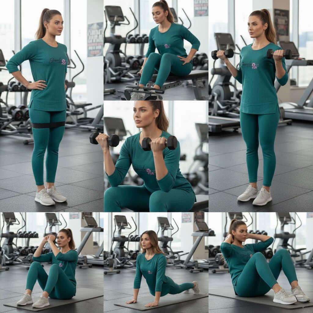 Woman in teal gym wear performing workout exercises in a modern fitness center