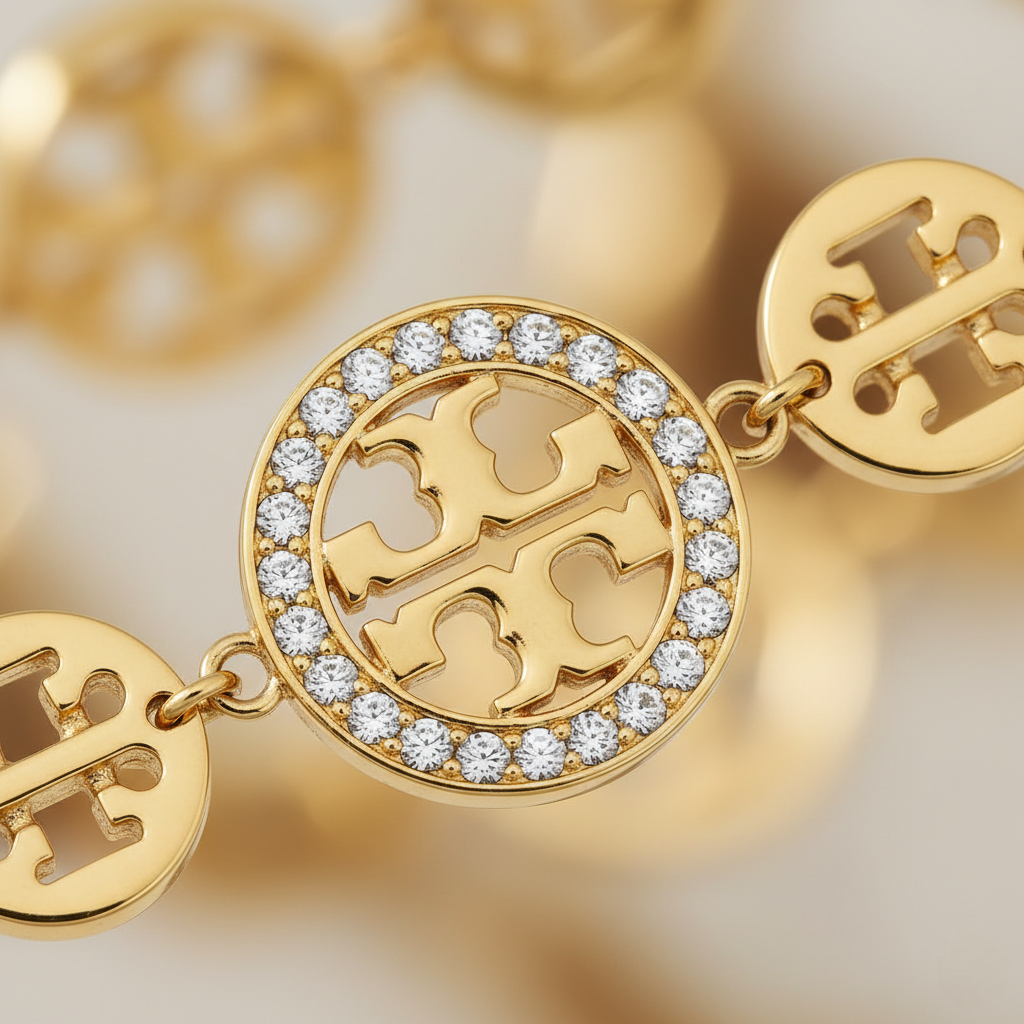 Gold bracelet with circular charms and diamond accents on a blurred gold background