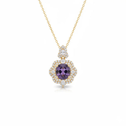 Gold necklace with a purple gemstone pendant on a white background