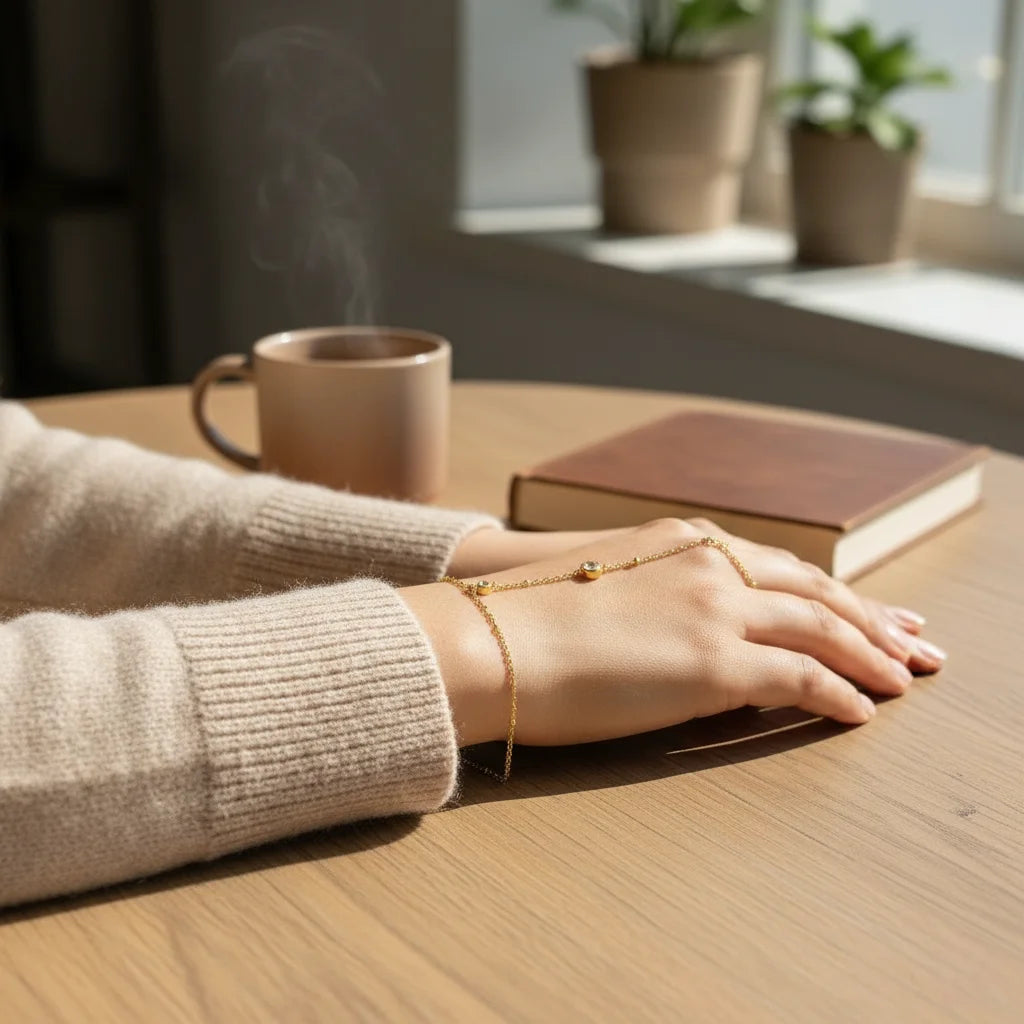 Person wearing a gold bracelet on a wooden table with a steaming cup and book in the background