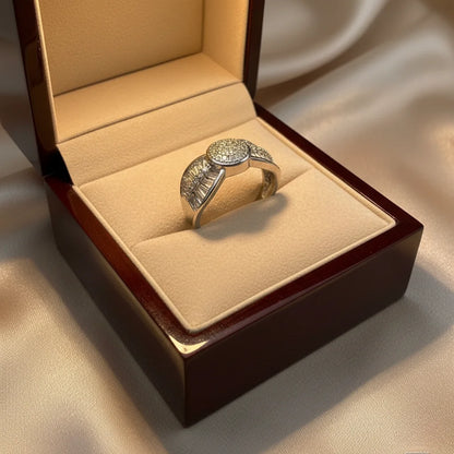 Diamond ring in a wooden box on a soft fabric background