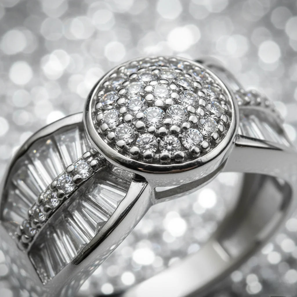 Close-up of a silver ring with diamond accents on a blurred background