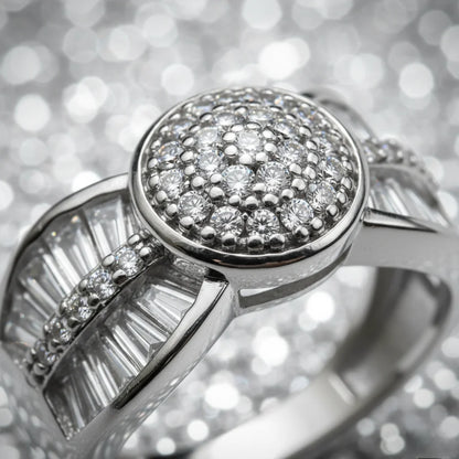 Close-up of a silver ring with diamond accents on a blurred background