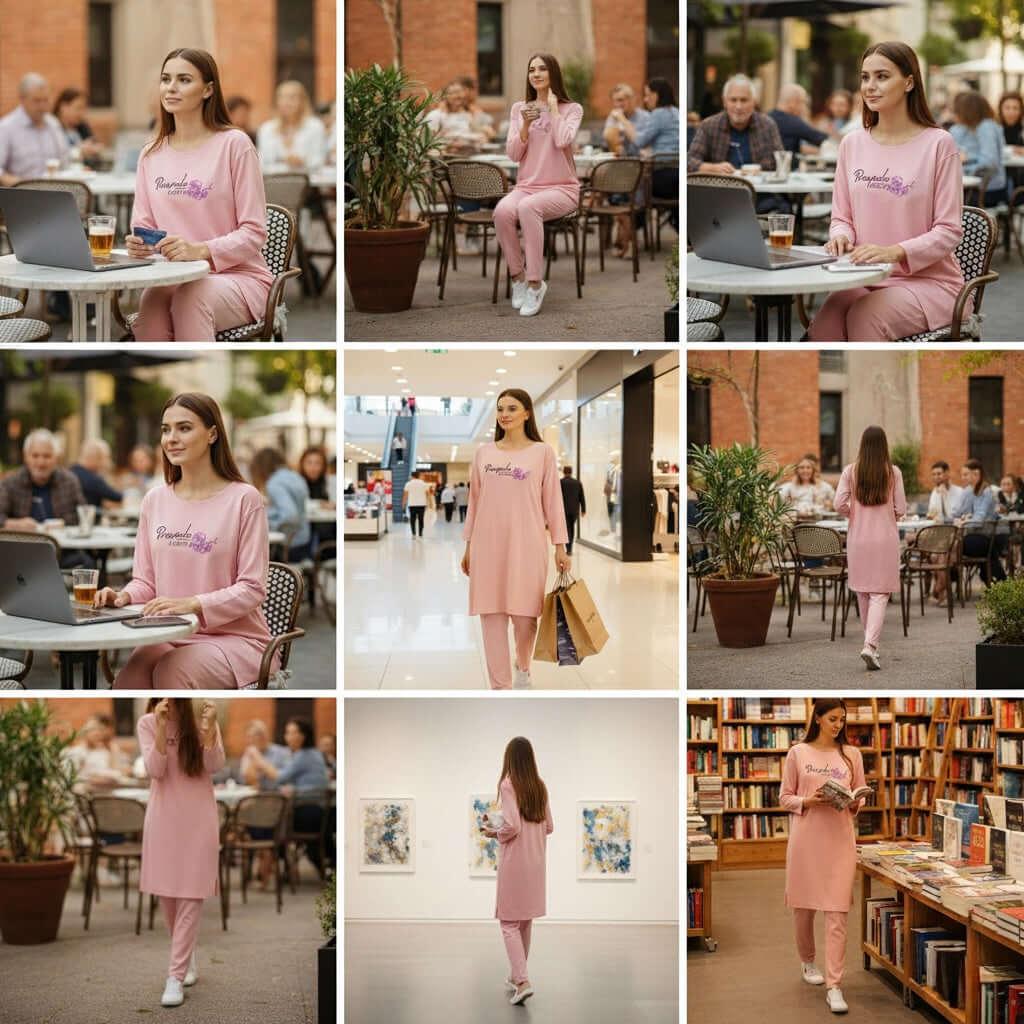 Woman in pink loungewear set at café, shopping mall, art gallery, and bookstore