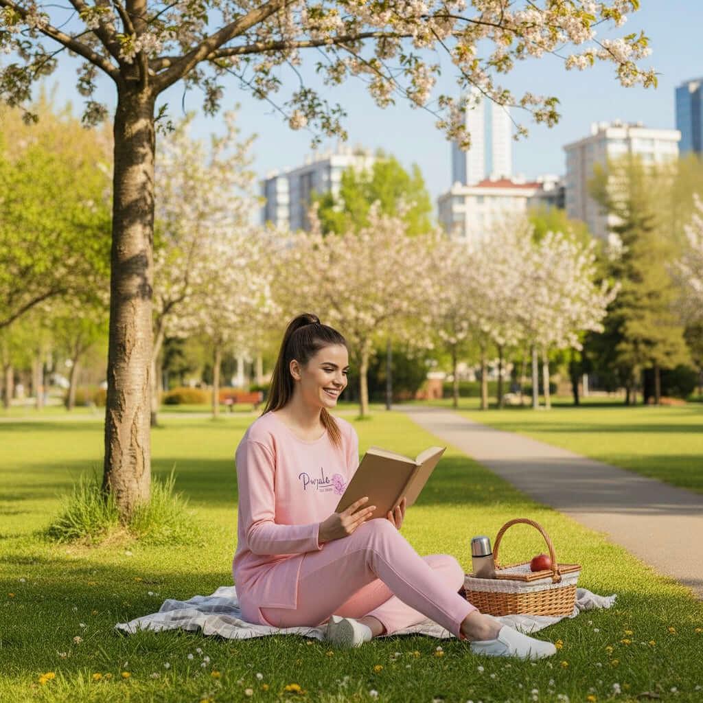 Woman in pink loungewear reading on picnic blanket under blooming tree in city park