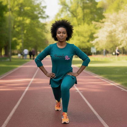 Woman in teal athletic wear exercising with a lunge on an outdoor running track