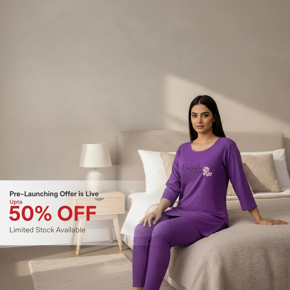 Woman in purple pajamas sitting on a bed with a promotional offer displayed.