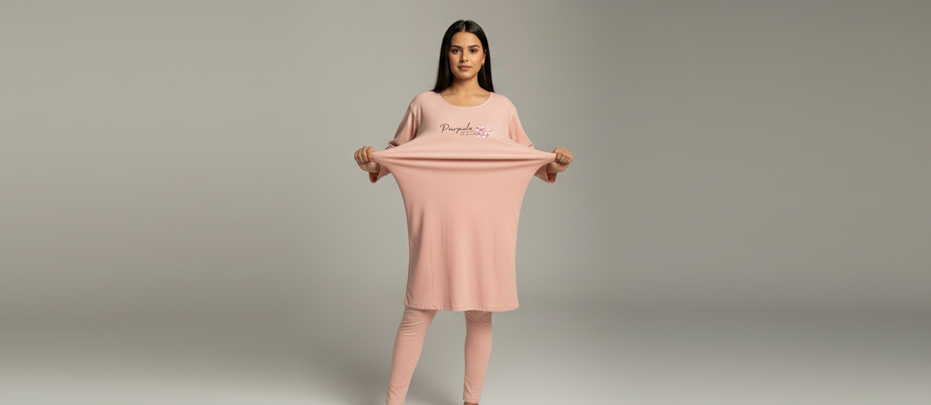 Woman holding a pink dress against a plain background