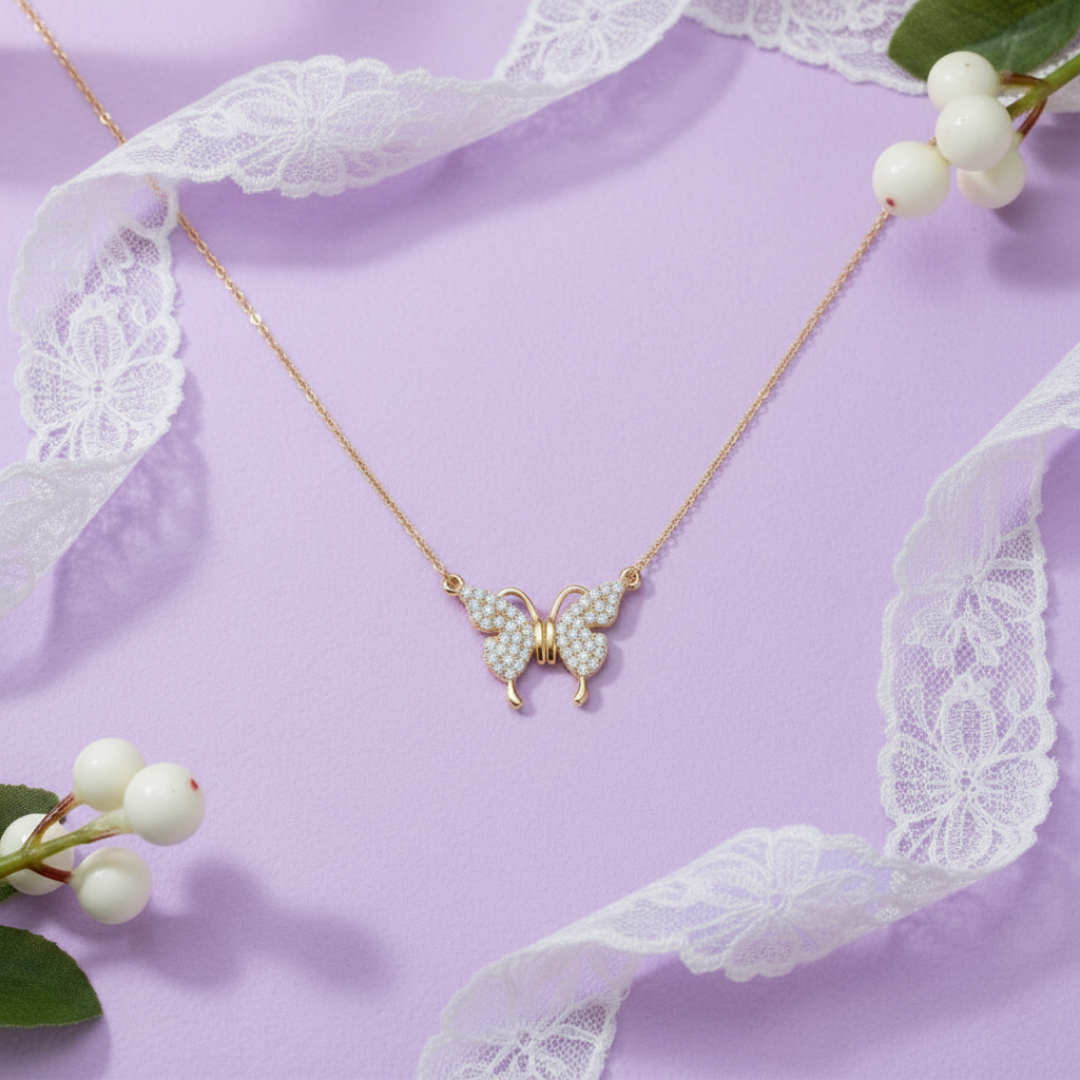 Butterfly-shaped necklace on a purple background with lace and berries