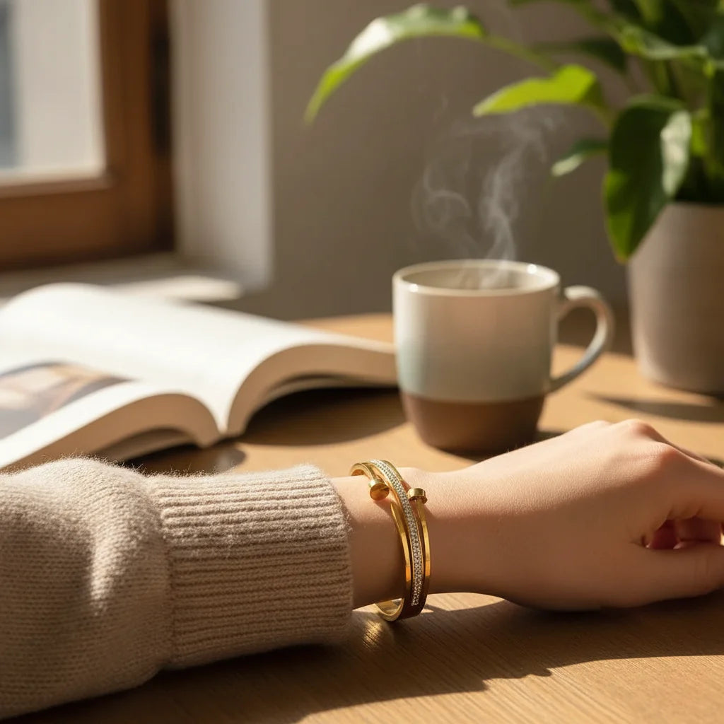 Person wearing gold bracelets on a wooden surface with a book and steaming cup of coffee in the background.