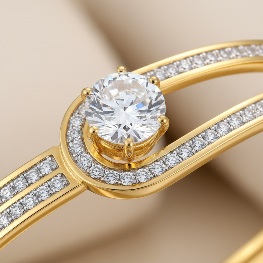 Gold bracelet with diamond accents on a beige background