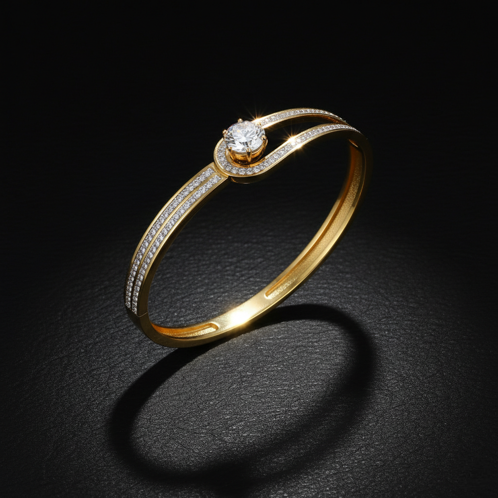Gold bracelet with a central diamond on a dark background