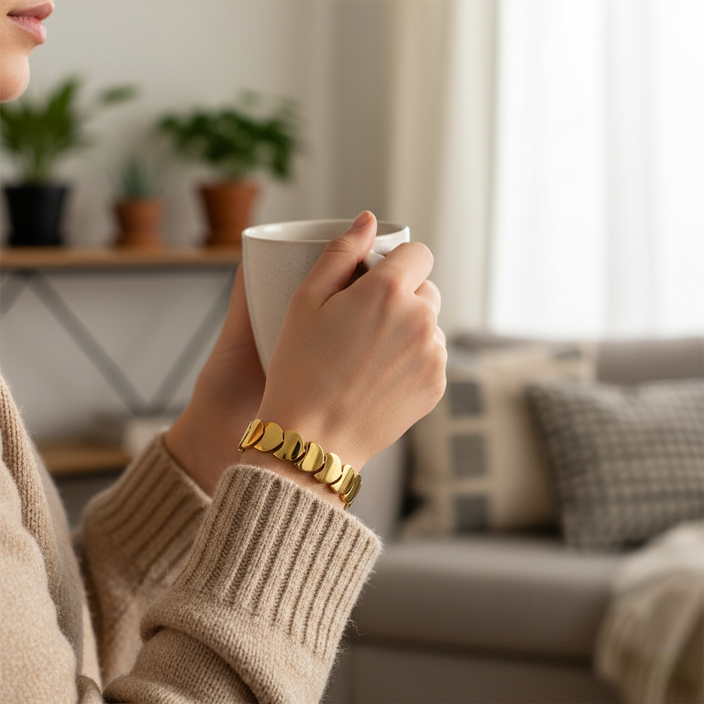Person holding a white mug in a cozy living room setting