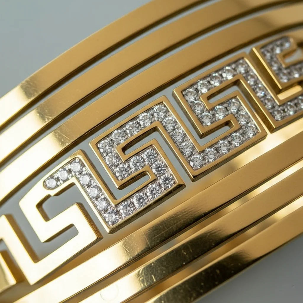 Close-up of a gold bracelet with intricate design and embedded stones on a gray background