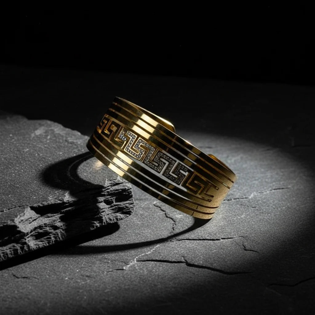 Gold ring with intricate design on a dark stone surface