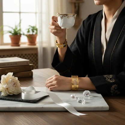 Person in a black outfit holding a teacup with a marble table and books in the background