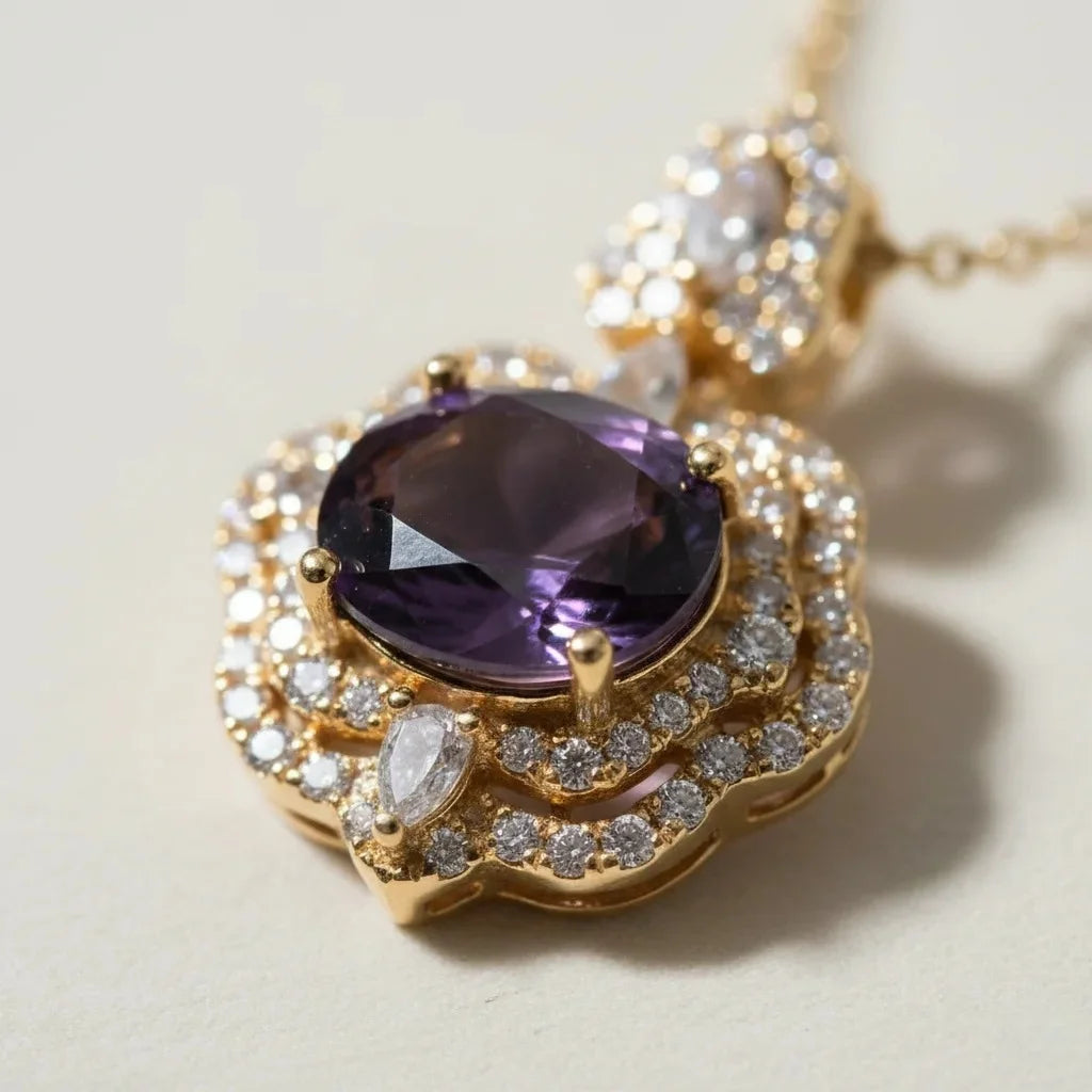 Gold necklace with a purple gemstone and diamond accents on a light background