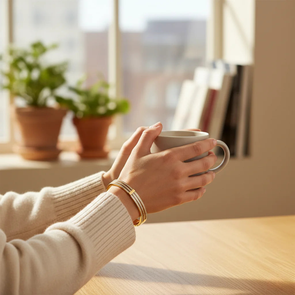 Person holding a mug by a window with plants and books in the background