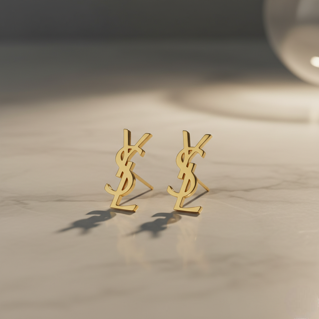 Gold YSL earrings on a marble surface