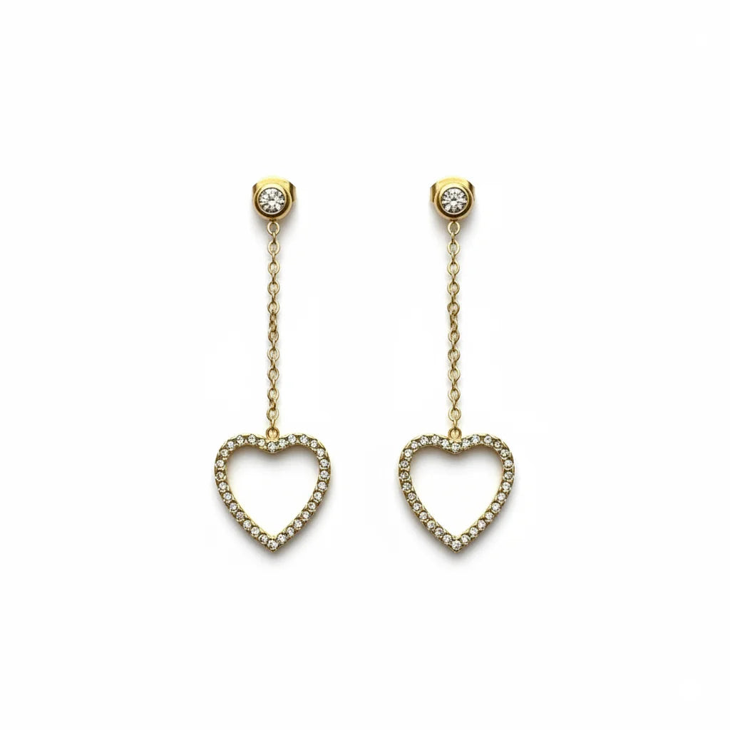Heart-shaped earrings with chain on a white background