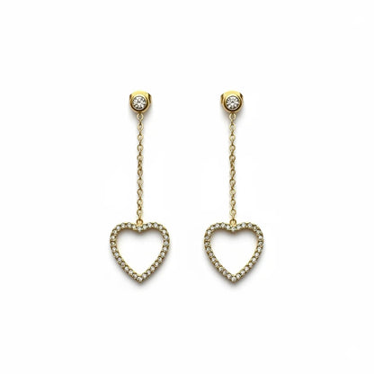 Heart-shaped earrings with chain on a white background